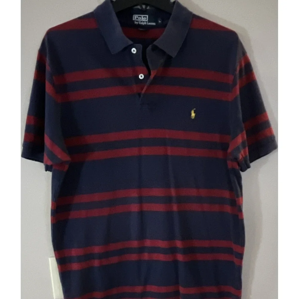 Polo Ralph Lauren Polo Shirt‎ Men's L Blue/Red Striped Cotton Embroidered Logo